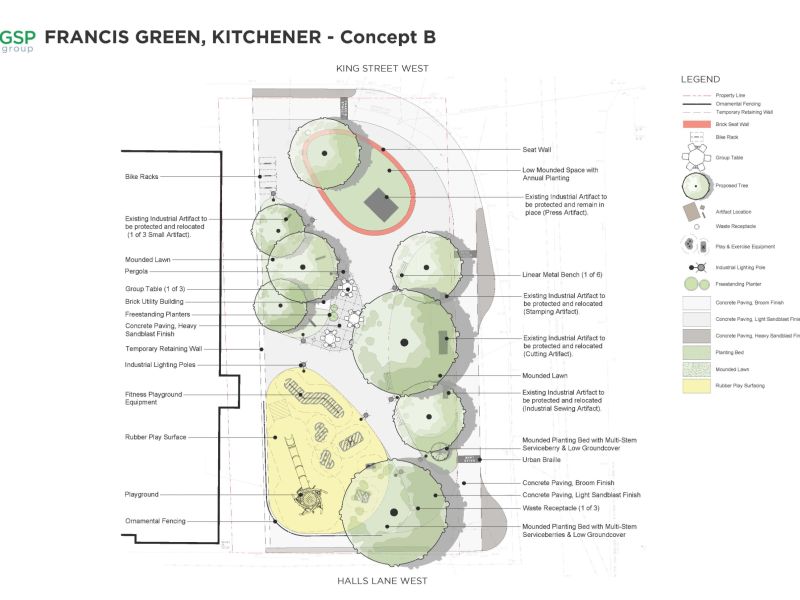 This image presents an alternative design concept for Francis Green. The center shows a site plan with trees, pathways, and a designated play area. 