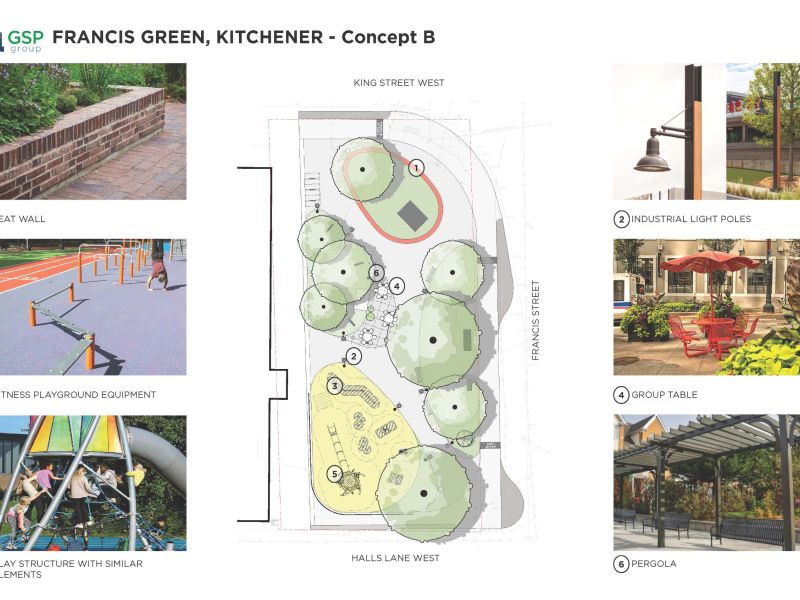 This image provides a detailed site plan for Concept B with annotations and a legend. 