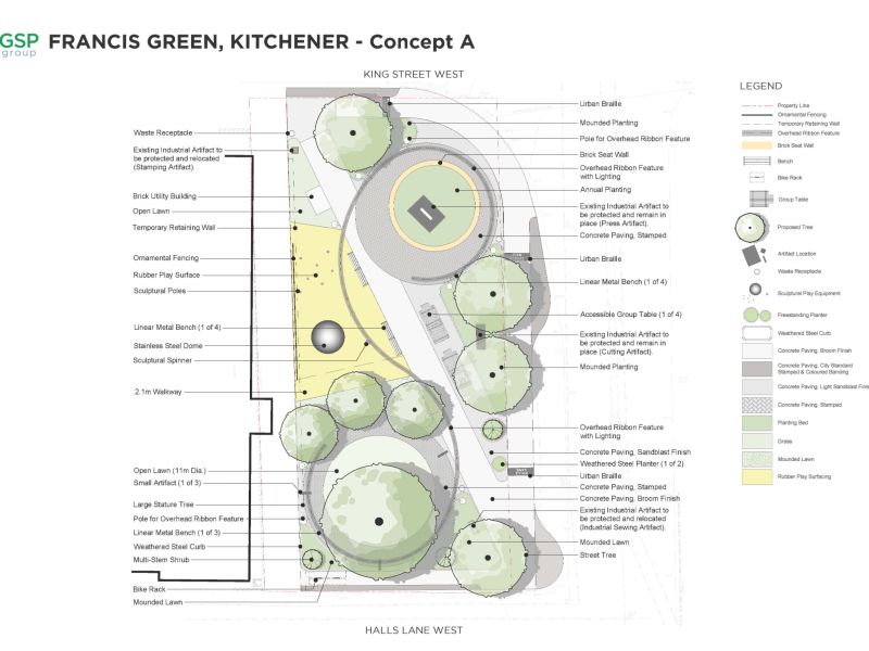 This image shows a design concept for Francis Green park in Kitchener. The central portion is a site plan with pathways, trees, and circular seating areas. 