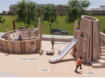This concept features a tower, a coliseum, wobble boards and individual steppers within an engineered wood fibre area. The tower includes a slide, various climbers, ropes and flexform elements, along with a cozy social space for interaction. The coliseum will offer additional climbing opportunities, rope-based challenges and its own inviting social area.  The sand area in this concept has two water pumps, water troughs and channels, two accessible sand play stations, a discovery wheel, a discovery table, a log pile and hidden fossil elements to encourage imaginative and exploratory play.