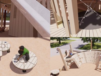 This concept features a tower, a coliseum, wobble boards and individual steppers within an engineered wood fibre area. The tower includes a slide, various climbers, ropes and flexform elements, along with a cozy social space for interaction. The coliseum will offer additional climbing opportunities, rope-based challenges and its own inviting social area.  The sand area in this concept has two water pumps, water troughs and channels, two accessible sand play stations, a discovery wheel, a discovery table, a log pile and hidden fossil elements to encourage imaginative and exploratory play.