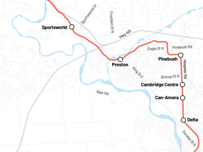 Map showing the Stage 2 ION route from Fairway Station to downtown Cambridge.