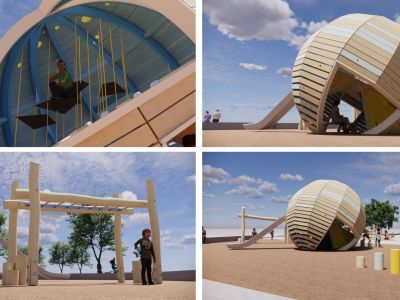 ​This concept features an inclined monkey bar, individual steppers and a sphere-shaped structure with a slide inside an engineered wood fibre area.   Inside the sphere, the space is divided into upper and lower levels with different activities. The upper level has a bright and inviting atmosphere, featuring ropes and climbers along with windows for natural light. The lower level features cozy social spaces.​  This design also features a sand play area with two water pumps, water troughs and channels, an accessible sand play station, a magnetic abacus, three log piles, a chalkboard and plenty of opportunities for creative sand play.