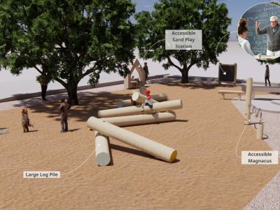 ​This concept features an inclined monkey bar, individual steppers and a sphere-shaped structure with a slide inside an engineered wood fibre area.   Inside the sphere, the space is divided into upper and lower levels with different activities. The upper level has a bright and inviting atmosphere, featuring ropes and climbers along with windows for natural light. The lower level features cozy social spaces.​  This design also features a sand play area with two water pumps, water troughs and channels, an accessible sand play station, a magnetic abacus, three log piles, a chalkboard and plenty of opportunities for creative sand play.