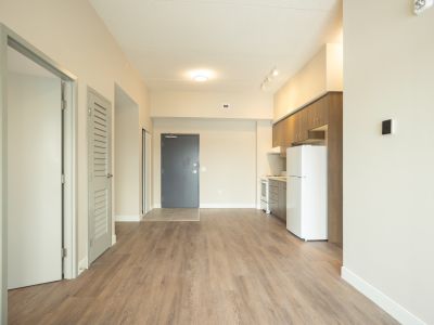 image of a portion of a unit in the new 420 kingscourt building which shows a living room area, part of a kitchen area with the fridge and the front door entrance