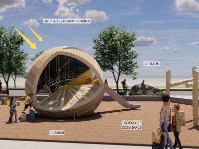 ​This concept features an inclined monkey bar, individual steppers and a sphere-shaped structure with a slide inside an engineered wood fibre area.   Inside the sphere, the space is divided into upper and lower levels with different activities. The upper level has a bright and inviting atmosphere, featuring ropes and climbers along with windows for natural light. The lower level features cozy social spaces.​  This design also features a sand play area with two water pumps, water troughs and channels, an accessible sand play station, a magnetic abacus, three log piles, a chalkboard and plenty of opportunities for creative sand play.