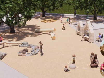 This concept features a tower, a coliseum, wobble boards and individual steppers within an engineered wood fibre area. The tower includes a slide, various climbers, ropes and flexform elements, along with a cozy social space for interaction. The coliseum will offer additional climbing opportunities, rope-based challenges and its own inviting social area.  The sand area in this concept has two water pumps, water troughs and channels, two accessible sand play stations, a discovery wheel, a discovery table, a log pile and hidden fossil elements to encourage imaginative and exploratory play.