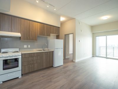 image of a portion of a unit in the new 420 kingscourt building which shows a kitchen area and part of a living room area