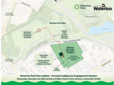 A map showing the route between the Waterloo Memorial Rec Complex to the location of the sacred fire in Waterloo Park. 